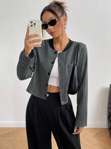 Chiquease Casual Striped Long Sleeve Cropped Jacket For Autumn - Dark Grey - View 5