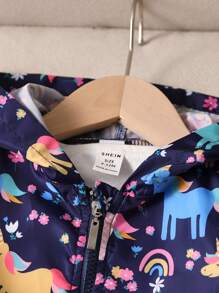SHEIN 年轻女孩休闲百搭多场合秋冬新品可爱卡通独角兽和花卉印花连帽拉链夹克，藏青色，适合秋季、冬季、家居、日常穿着、保暖、防风、防雨、外套 - 藏蓝色 - 查看 3