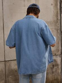 Forever 21 Men's Oversized Vintage Casual Style Studded Pocket Blue Washed Denim Shirt (Medium Wash) For Summer And Fall - Medium Wash - View 5