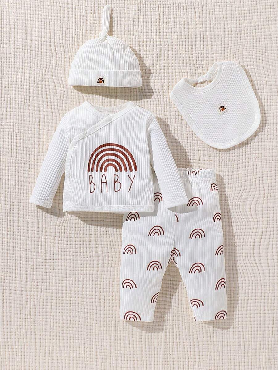 SHEIN Baby Girls' Round Neck Letter Print Button Decor Top And Pants Set - White - View 1
