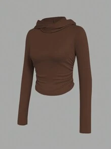 SHEIN Áo thun nữ tay dài xếp ly màu trơn tối giản, mặc thường ngày - Cà phê nâu - Xem 4