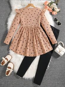 Sparklyn 2pcs Tween Girls Casual Heart Print Top With Leggings Set, Autumn