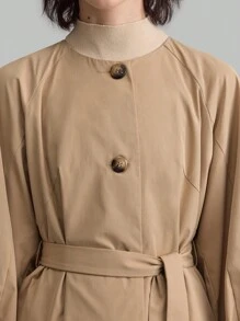 Ontre 女式卡其色圆领长袖风衣，秋冬季开衩袖休闲外套 - 卡其色 - 查看 8