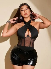 NU&NOW 大码女士性感蕾丝镂空弹力休闲针织上衣，时尚优雅，舒适百搭，适合春夏穿着，适合年轻女士，可叠穿或单穿。 - 黑色 - 查看 1