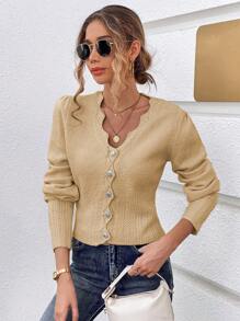 SHEIN Unity 1pc Casual Solid Color Puff Sleeve Cropped Cardigan, Autumn - Khaki - View 5
