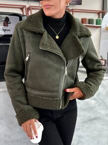 EURMUSE Motorcycle Jacket With Teddy Lining, Zipper, PU Leather - Black - View 6