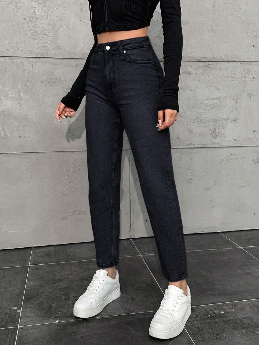 EURMUSE Women Solid Color Straight Pocket Casual Jeans - Black - View 1