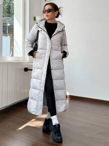 SHEIN EZwear Chaqueta casual de mujer con capucha de unicolor, rellena de plumas y fibra de plumón para invierno, con correas interiores de transporte
