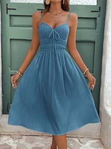 SHEIN Frenchy Women's Crepe Spaghetti Strap Day Dress, Women's Dress,Long A-Line Halter Dress, Summer Dress , Mid-Length Women's Dress, Vacation Style, Milkmaid Work Dress, Fall Dress, Seasonless Basic Bottom Dress - Dusty Blue - View 4