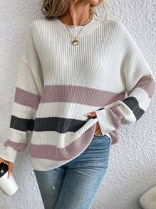 SHEIN Essnce 女士休闲撞色条纹落肩宽松针织毛衣，秋冬 - 彩色 - 查看 1