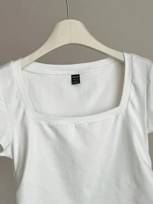 SHEIN BASICS Casual Solid Color Knit Square Neck Short Sleeve Fitted Women T-Shirt