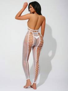 Lencería tipo body de mujer con escote halter, espalda descubierta y efecto transparente, sexy