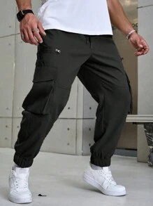 Manfinity Homme Quần dài thường ngày có túi hộp màu trơn cỡ lớn dành cho nam, thu - màu đen - Xem 6