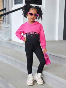 Young Girl High Low Hem Hoodie & Letter Graphic Cami Jumpsuit - Hot Pink - View 1