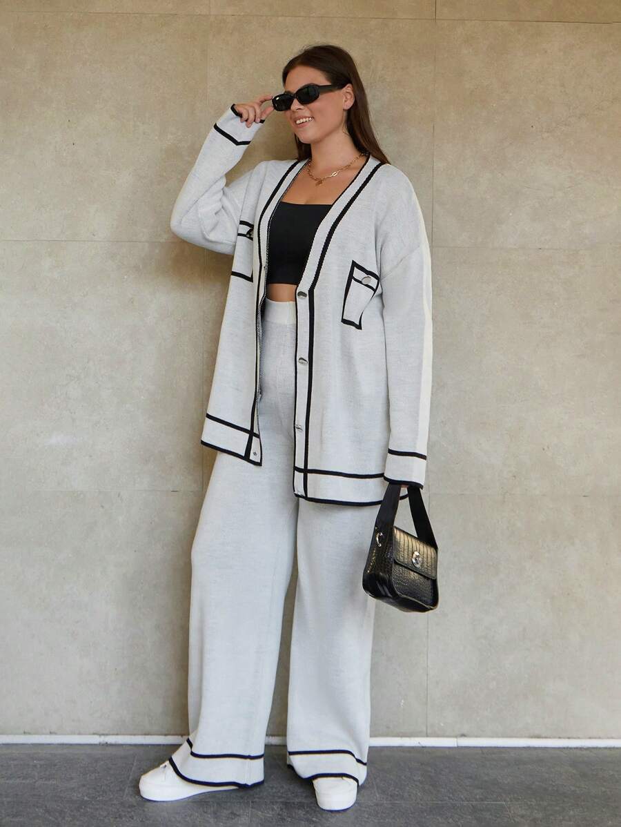 EURMUSE Plus Size Woman Cardigan Set Elegant Button And Pocket Look Detailed Comfy Warm Sweater Pants Co-Ords, For Winter