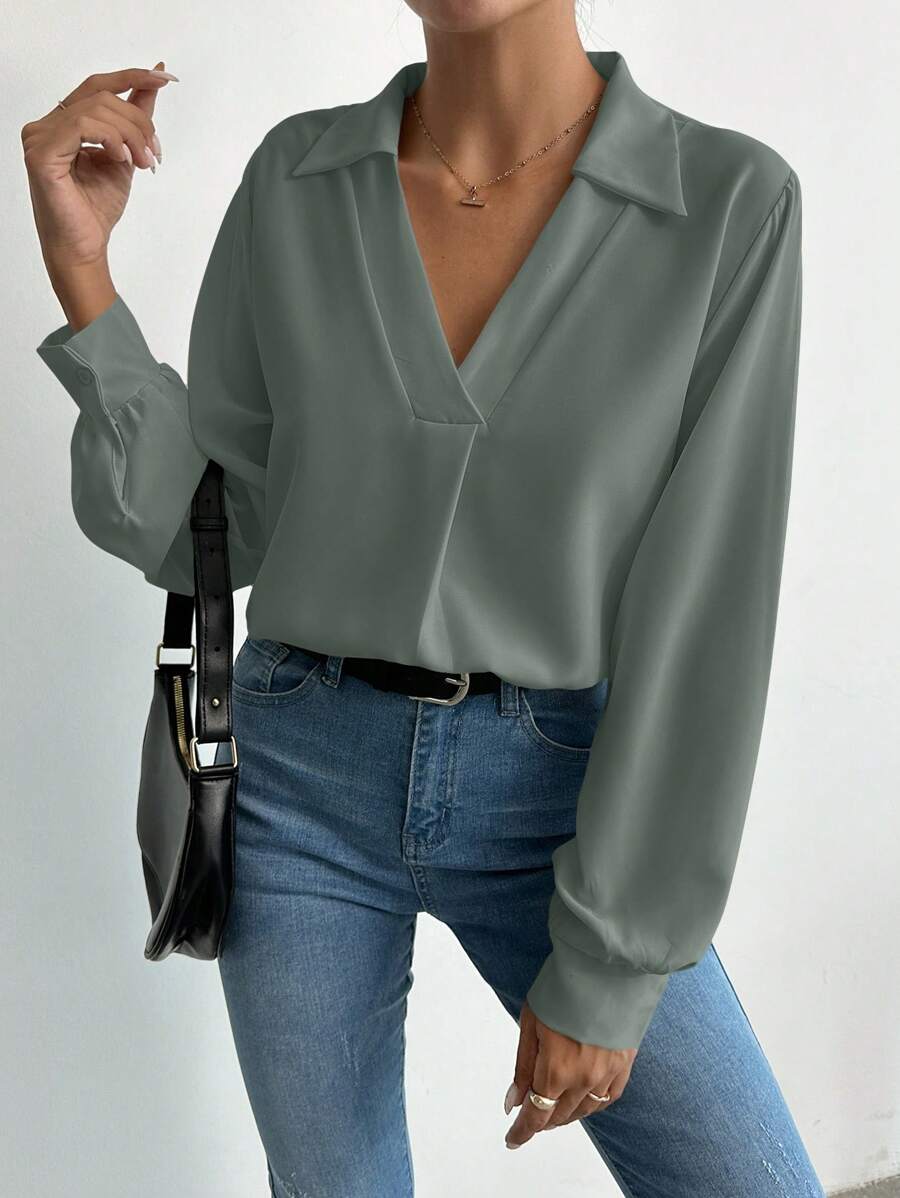 EURMUSE Camisa Casual Con Cuello Vuelto - Verde militar - Ver 1