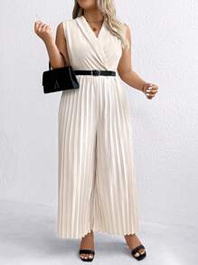 SHEIN Clasi Jumpsuit Kasual Tanpa Lengan Warna Polos Ukuran Besar - Aprikot - View 4