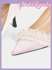 Dola Lovely Women High Heel Pumps Lolita Style Solid Pink Bow Floral Point Toe Slingback Dress Sandal Shoes - Pink - View 10