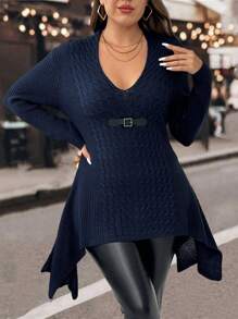 SHEIN LUNE Plus Size Women V-Neck Long Sleeve Casual Asymmetric Hem Sweater Knit Pullover Fall Winter - Navy Blue - View 3