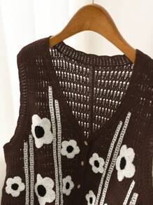 SHEIN Essnce Áo vest dệt kim cổ chữ V họa tiết hoa rộng rãi, cỡ lớn cho nữ, mùa thu/đông - Cà phê nâu - Xem 5