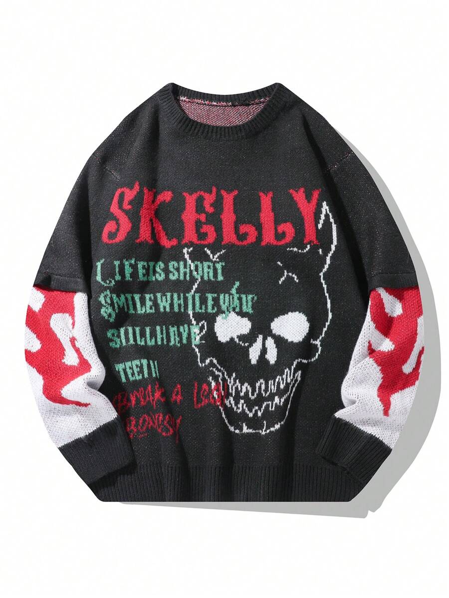 Manfinity EMRG Men's Fashion Color Block Skull & Cloud Pattern Knit Sweater, Autumn/Winter - Multicolor - View 1
