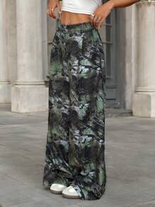 SHEIN EZwear Pantalones casuales con botones frontales de estampado completo para mujer - Caqui - Ver 4