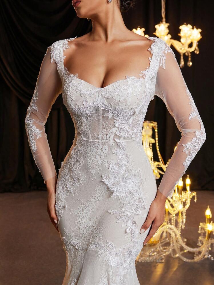 Glamrae Elegante y lujoso vestido de novia de encaje francés clásico, con escote en V, espalda descubierta, transparente, con volantes de espina de pescado y cola de pez, de manga larga, para el Día de San Valentín - Beis - Añade 2
