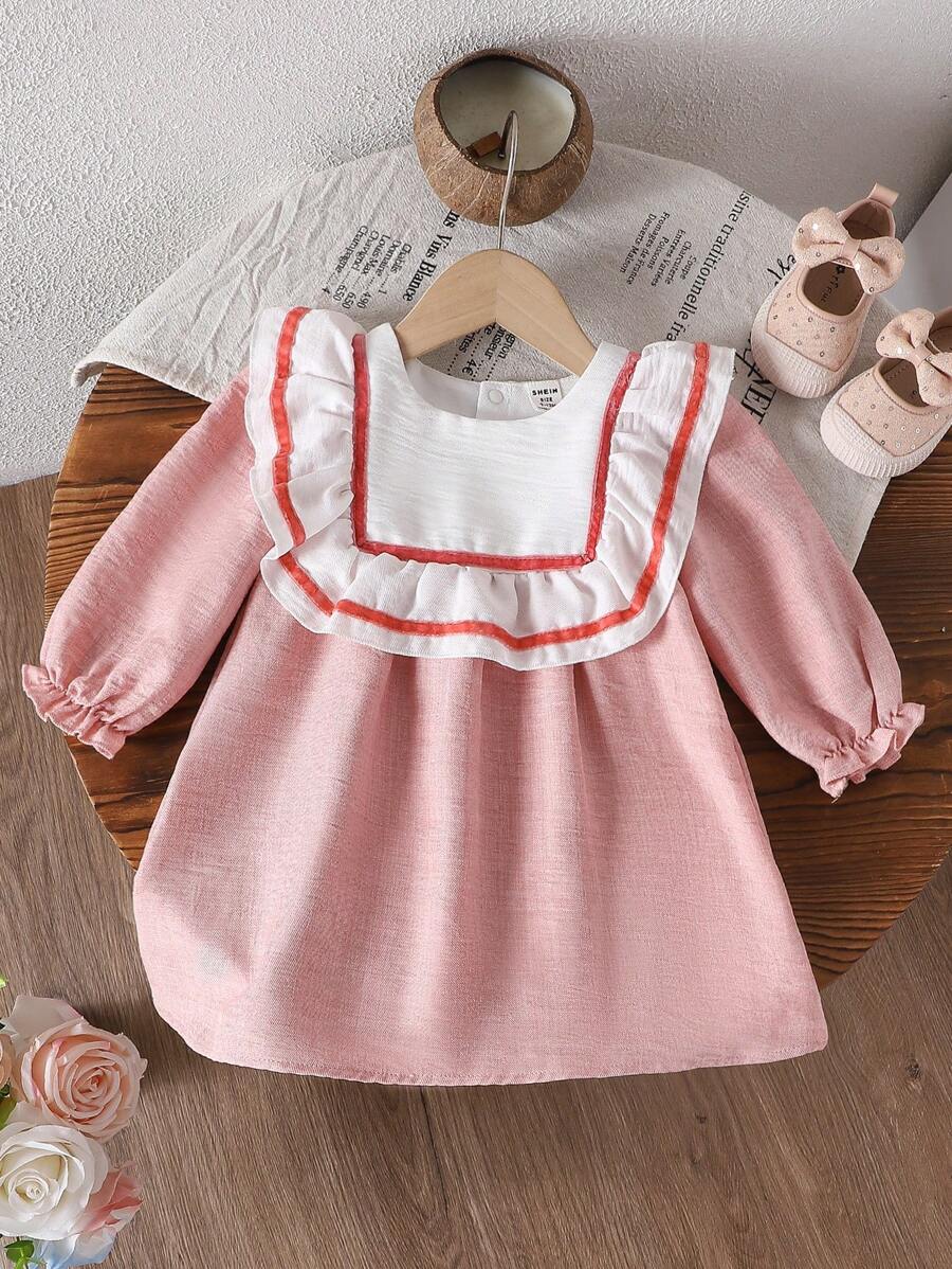 Babygirl Autumn Pink Casual Chic Ribbed Fabric Collar Ribbon Splice White Ruffle Hem Loose Comfortable Big Swing Outdoor Dress - Multicolor - View 1