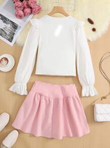 SHEIN 2pcs/Set Teen Girl Thermal Base Layer Ruffle Hem Long Sleeve T-Shirt And Skirt, Elegant - Pink - View 2