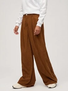 SHEIN BASICS Women Casual Solid Color Woven Loose Fit Pants With Pockets - Coffee Brown - View 6