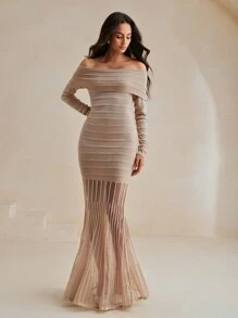 Anewsta Váy dài bó sát bán trong suốt thanh lịch dành cho nữ, trang phục Maxi mùa thu dành cho nữ - Kem - Xem 3