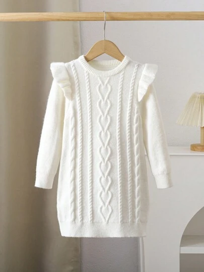 LMoss Kids LMoss Young Girl Young Girl Crew Neck Long Sleeve Patchwork Ruffle Textured Knit Sweater Dress, Suitable For Casual Daily Wear With Certain Warmth, Autumn/Winter