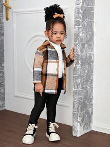 SHEIN 3 pièces/Set Veste à carreaux pour bébé fille, pull tricoté et pantalon à taille élastique, automne/hiver - Tabac - Voir 1