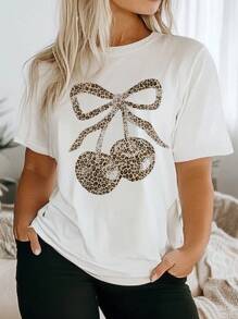 INAWLY Plus Size Crew Neck Short Sleeve Cherry Print Casual T-Shirt Graphic Cheetah Print Tees Women Tops, For Summer - White - View 1