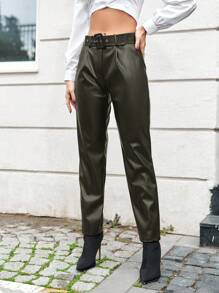 EURMUSE Buckle Belted PU Pants - Dark Green - View 3