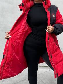 Flirla Abrigo acolchado sin mangas con capucha, bolsillo con parche y contraste de color, ropa de invierno de talla grande - Rojo - Ver 7