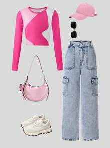 2 pièces Ensemble top pull-over avec épissage rose et blanc + pantalon jean droit décontracté pour filles adolescentes, printemps automne