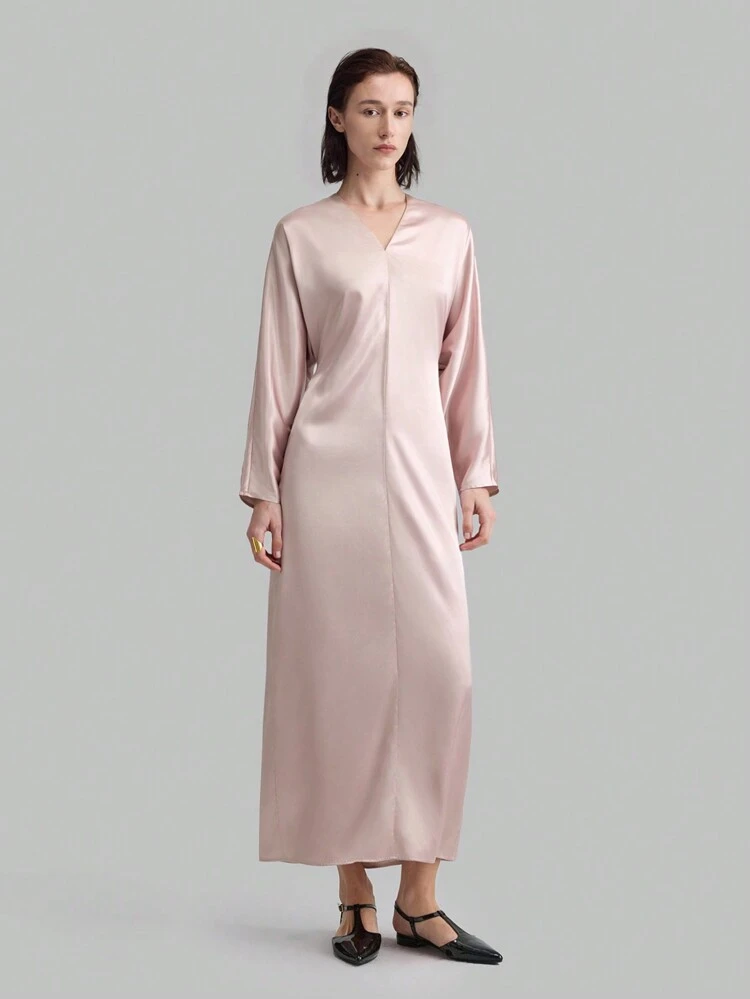 Women's Solid Color V-Neck Long Sleeve Silk Minimalist Dress, Casual Everyday Wear