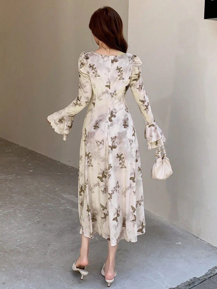 Floral Print Puff Sleeve Square Neck Midi Dress For Women,Ruffle,Fall Clothes Long Sleeve Dress