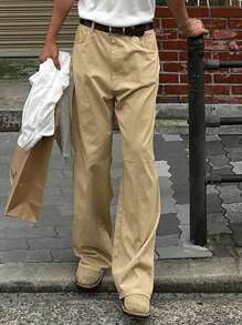 DAZY 男士休闲卡其色宽松阔腿裤，带斜口袋，适合秋季日常穿着 - 卡其色 - 查看 5