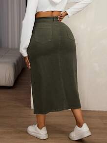 SHEIN SXY 大码女式口袋开衩下摆长款休闲牛仔半身裙 - 軍綠色 - 查看 2