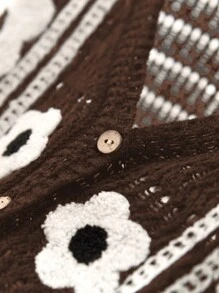 SHEIN Essnce Áo vest dệt kim cổ chữ V họa tiết hoa rộng rãi, cỡ lớn cho nữ, mùa thu/đông - Cà phê nâu - Xem 11