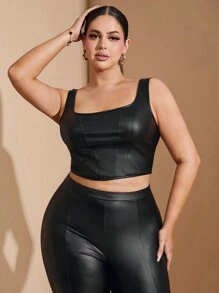 SHEIN BAE 加大码女式优雅约会夜街头服饰万圣节纯黑色性感弹力 PU 皮革舒适无袖圆领上衣和紧身打底裤 2 件套，适合俱乐部骑行服 - 黑色 - 查看 7