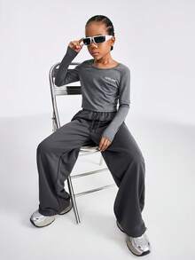 SHEIN Bộ 2 món/Bộ áo dài tay in chữ thể thao thường ngày cho bé gái tuổi teen và quần ống rộng, trang phục màu xám cho mùa thu - Xám - Xem 6