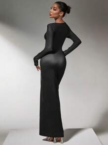 SHEIN SXY Wide Crew Neck Long Sleeve Form Fitting Holiday Glossy Banquet Dinner Elegant Gorgeous Women Long Dress