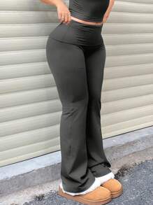 Plus Size Solid Color Casual High Waist Leggings Spring - Grey - View 3
