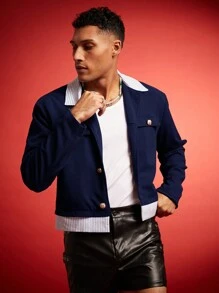 FeverCity Men's Loose Cropped Long Sleeve Jacket, 2-In-1 Design, For Fall Winter - Multicolor - View 2