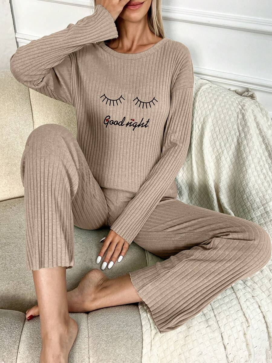 EURMUSE Women Eye And Letter Embroidery Round Neck Long Sleeve Top + Pants Homewear Set - Mocha Brown - View 1