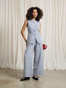 AiiRZ Single-Breasted Sleeveless Vest Jacket And Wide Leg Pant Two-Piece Co-Ord Suit Set - Blue - View 1