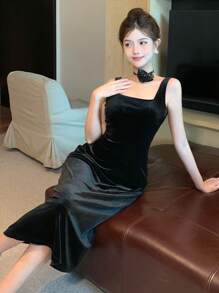 DAZY 1 件女士优雅纯色天鹅绒无袖连衣裙，秋季，生日舞会礼服太阳裙 - 黑色 - 查看 2